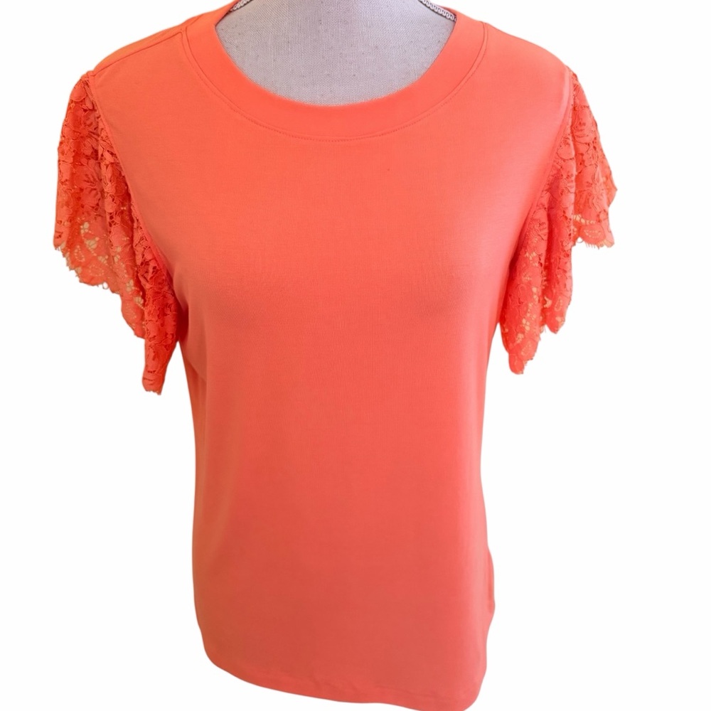 Style U  Orange Sherbet Jersey Knit Lace Sleeve Top M